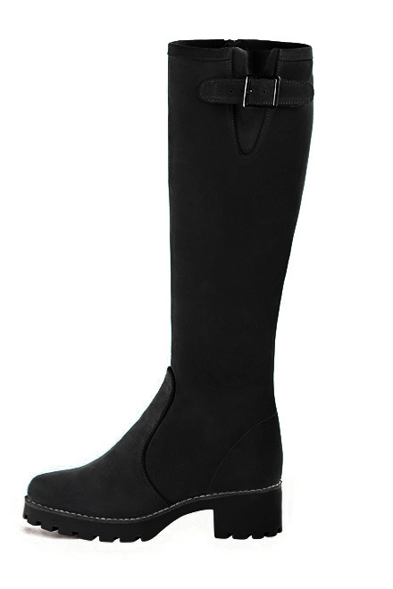 Women's pitch black custom-made buckle knee-high boots with  and  - Worn view
